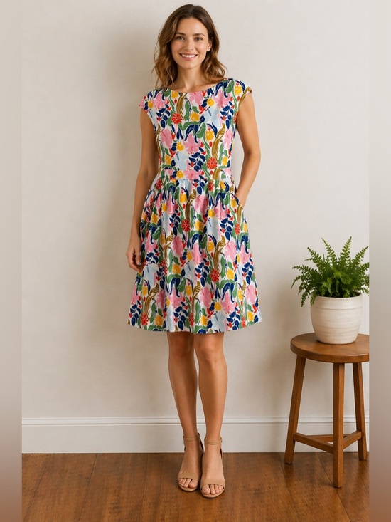Dresses & Skirts - Boden Floral Bird Print Cotton Dress | Fit & Flare | Pockets | Size 6 (Approx)